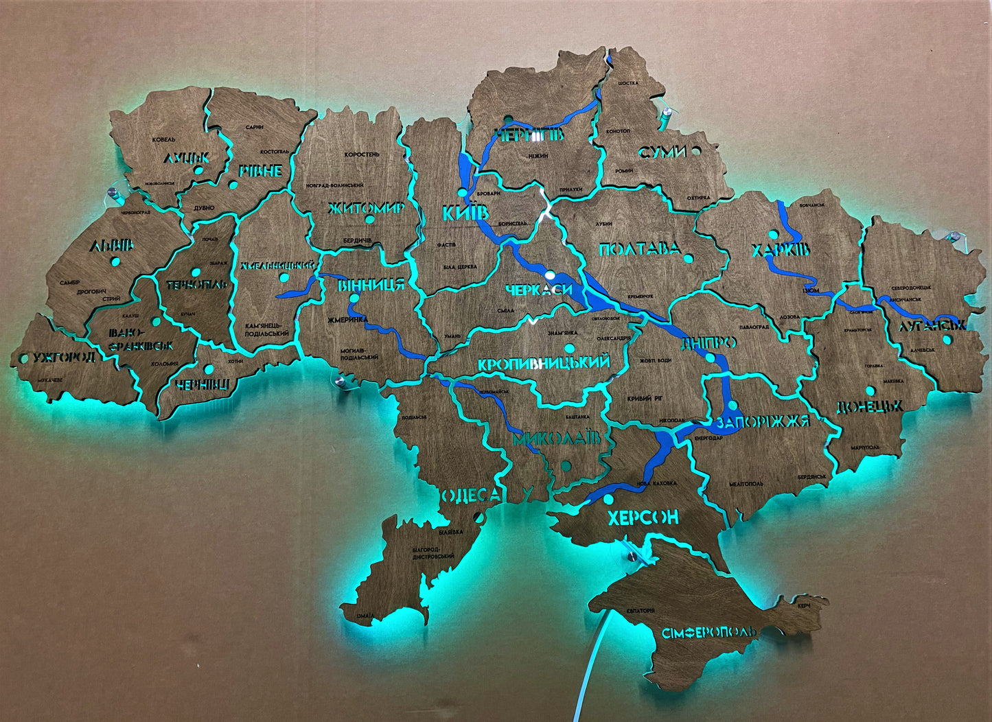 Ukraine LED RGB map on acrylic glass with rivers and backlighting  between regions color Venge 1