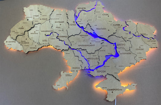 Multilayer Ukraine LED map with backlighting of rivers color Natural