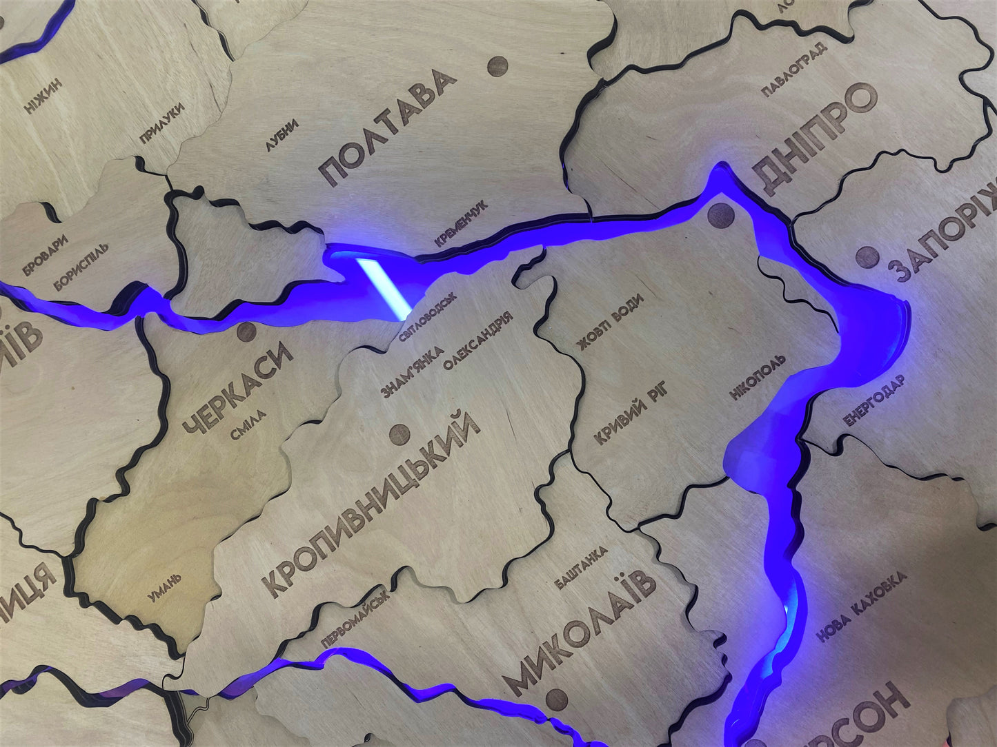 Multilayer Ukraine LED map with backlighting of rivers color Natural