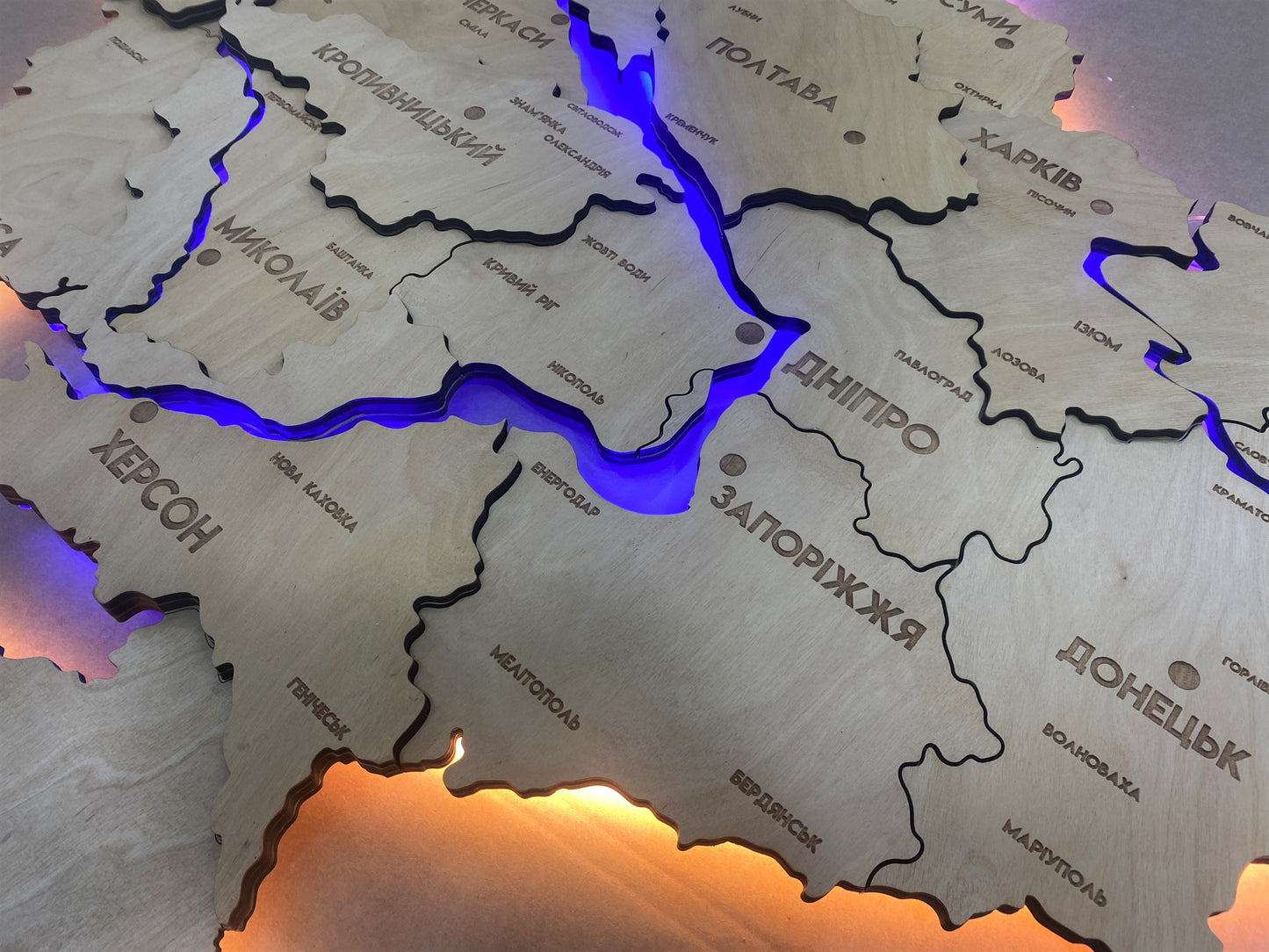 Multilayer Ukraine LED map with backlighting of rivers color Natural