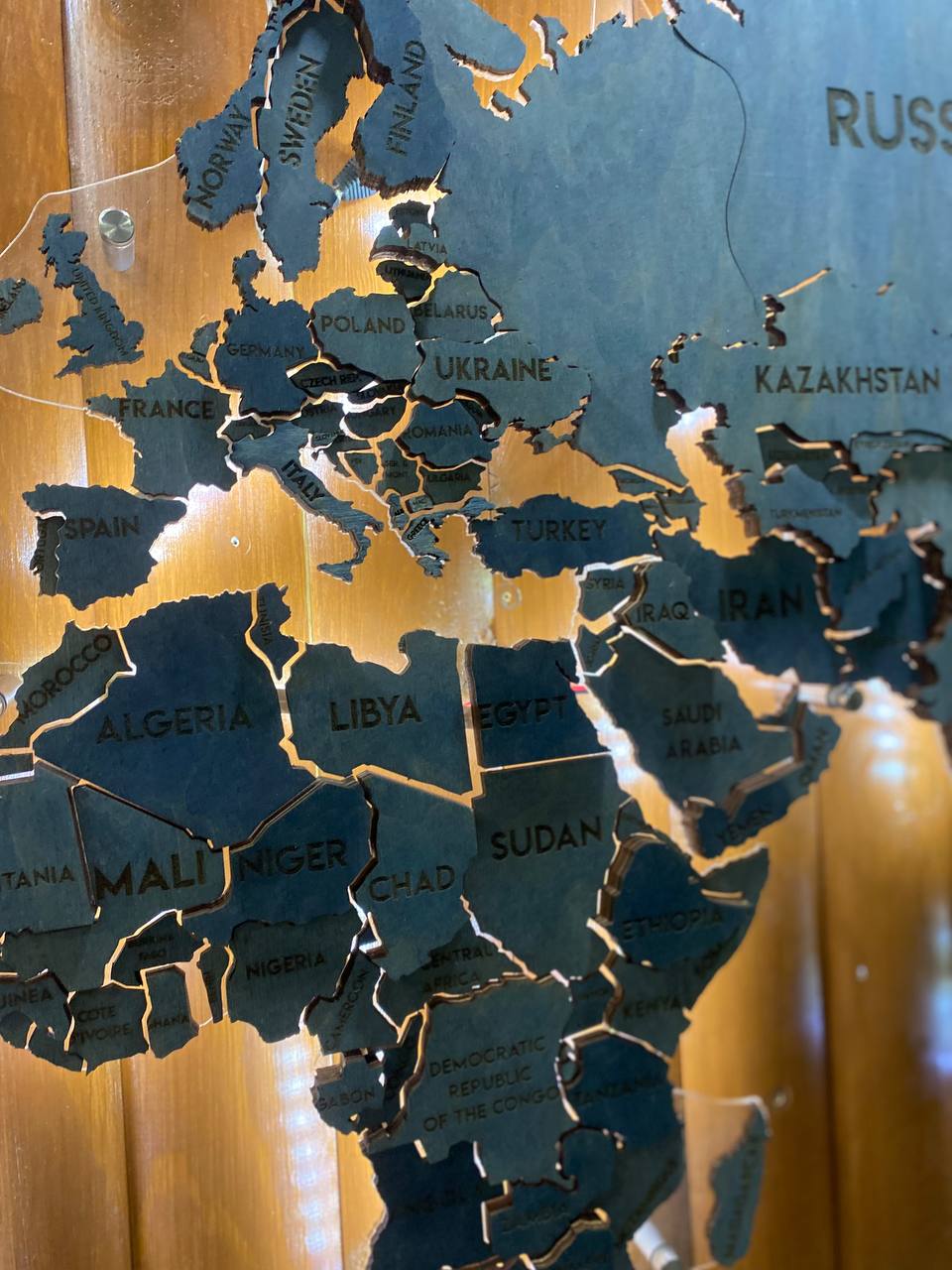 Multilayer world map on acrylic glass with backlighting between countries color Blue