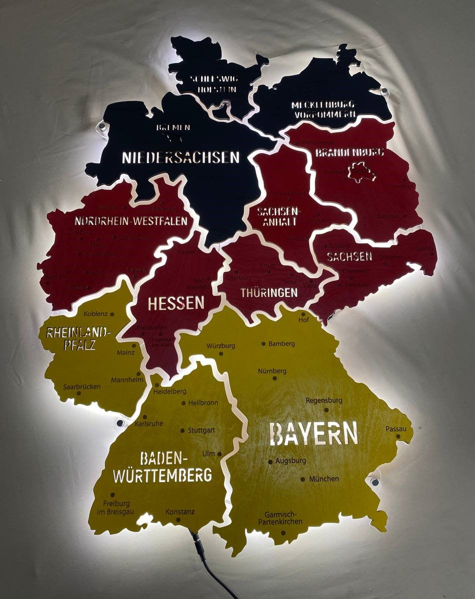 Germany LED map on acrylic glass with backlighting between regions color Flag