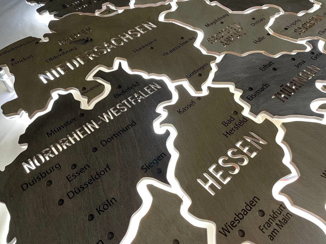 Germany LED map on acrylic glass with backlighting between regions color Nut