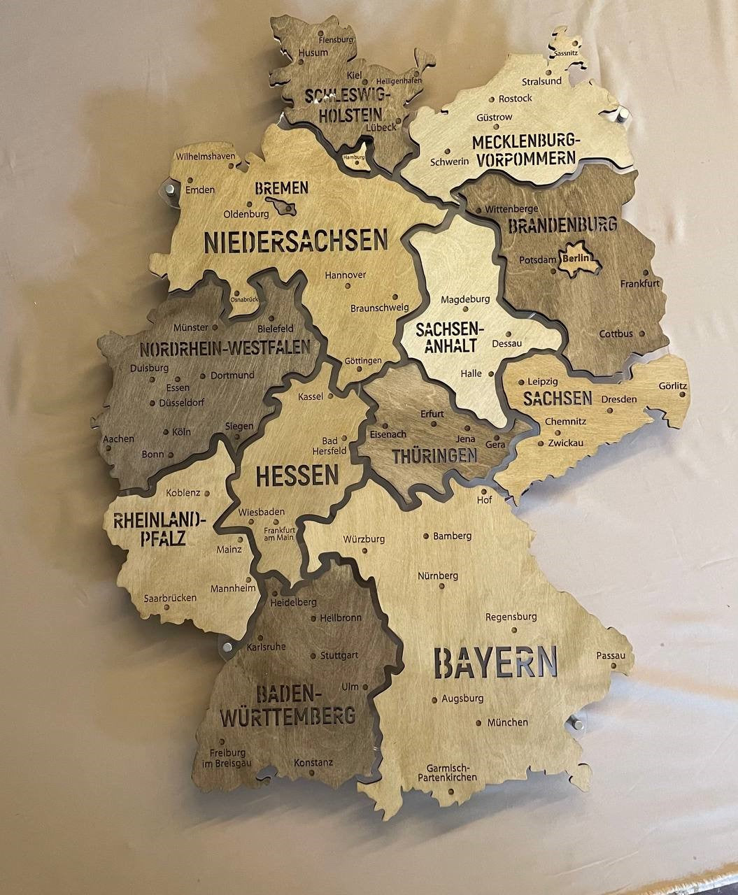 Germany LED map on acrylic glass with backlighting between regions color Nut